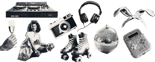 Vintage image of  party objects, roller skates, disco ball, champagne. Effect cut out with scissors from a magazine.