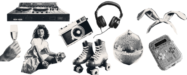 Vintage image of  party objects, roller skates, disco ball, champagne. Effect cut out with scissors from a magazine.