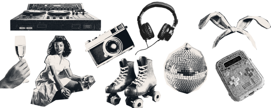 Vintage image of  party objects, roller skates, disco ball, champagne. Effect cut out with scissors from a magazine.