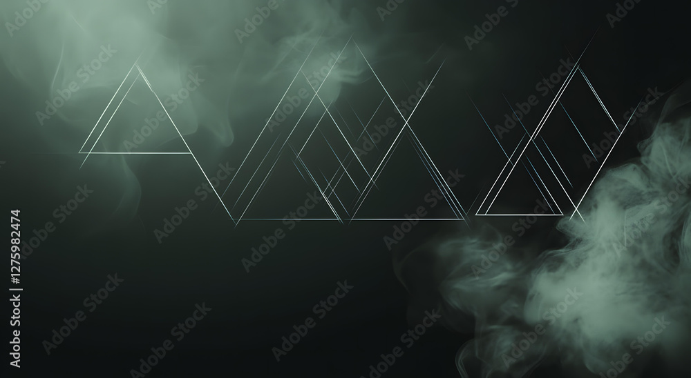 Poster abstract dark green background with intersecting triangles and smoke