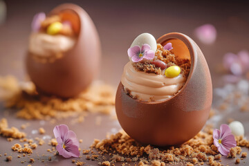 chocolate egg desserts with edible flowers and textured toppings