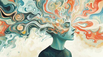 An illustration where a person's head is a whirlwind of thoughts, symbolizing mental chaos