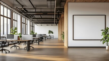 Modern office interior with desks and chairs in an open space setting, featuring a blank white wall on the right for copy space. 3D Rendering,

