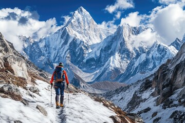 A person hikes up a snowy mountain with trekking poles and backpack, ideal for use in winter sports or outdoor adventure scenes