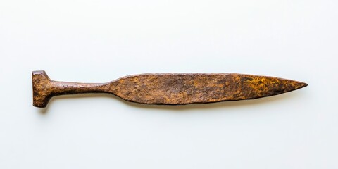 Obraz premium Ancient rusty metal spearhead evokes prehistoric warfare and archaeological discovery.