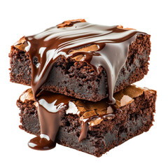 Delicious chocolate brownies dripping with fudge sauce isolated on png transparent background, cut out