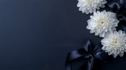 white chrysanthemum on black background condolence funeral template