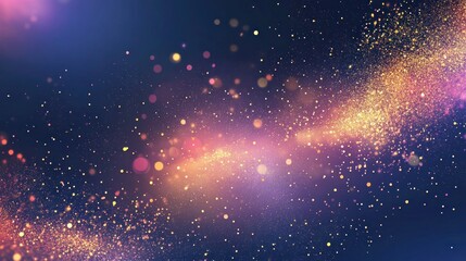 Abstract cosmic background with colorful glowing particles and bokeh lights.