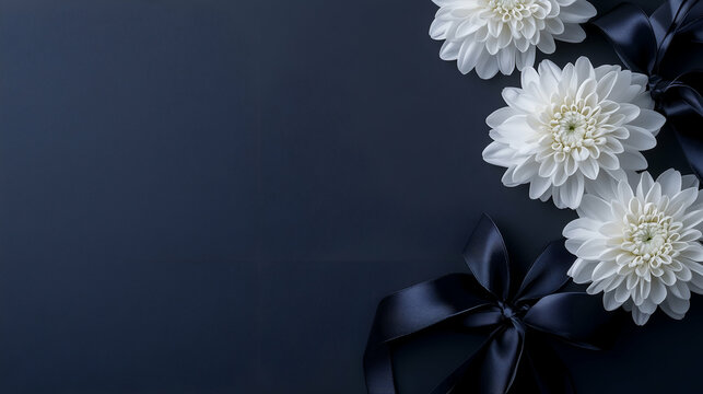 white chrysanthemum on black background condolence funeral template