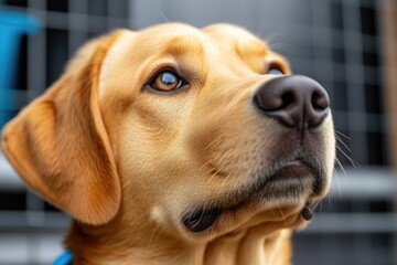 Smiling golden retriever puppy close up