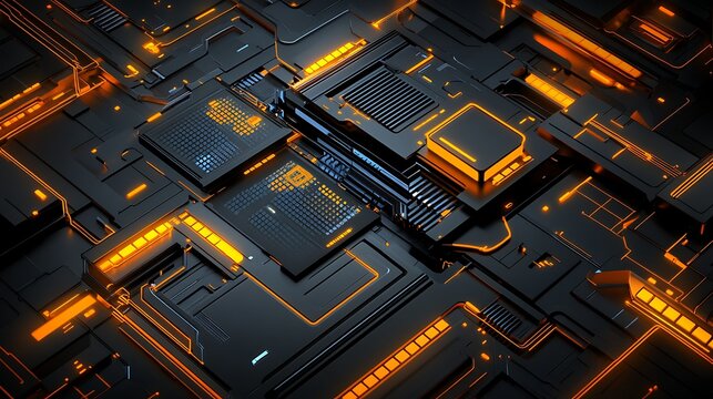 Futuristic tech circuit board, glowing orange