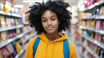 Tech-Savvy Shopper Using Virtual Try-On Tools in a Colorful Store Aisle with Products on Shelves