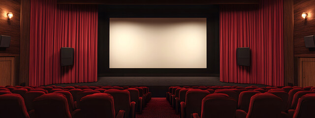 A large blank frame on the wall of an empty movie theater with red velvet curtains
