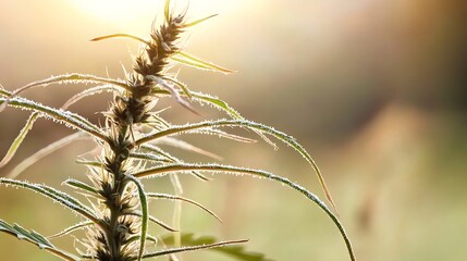 Obraz premium Close-up of a cannabis plant illuminated by sunlight in a serene natural setting