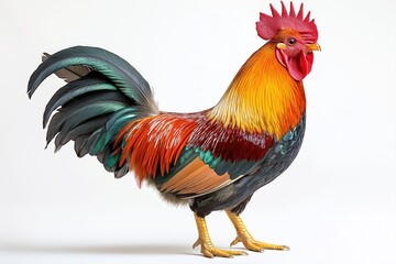 Fototapeta premium Vibrant Rooster with Colorful Feathers: Illustrated Domestic Bird in Rural Farmland Scene