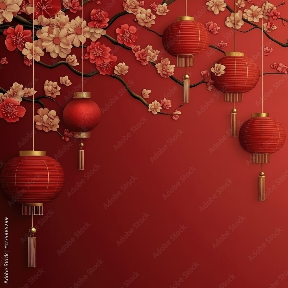 Poster a group of red lanterns suspended from a tree branch, ideal for use in festival or party scenes