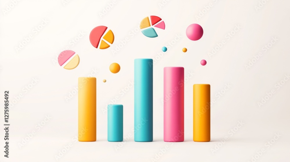 Poster D bars and pie chart graphics in vivid colors, floating in space against a neutral backdrop for a visually impactful design