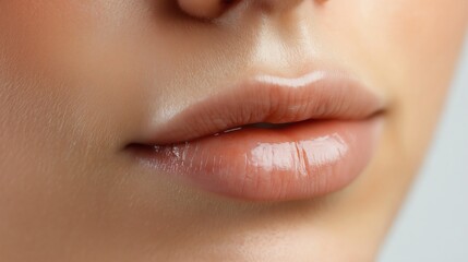 Fototapeta premium Glossy Lips Close-Up: A Detailed View of Shiny Red Lipstick on Smooth Skin with Visible Pores
