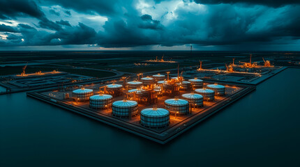 Aerial View of Oil Terminal Tank Farm Under Dramatic Stormy Skies