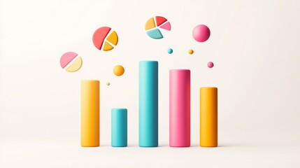 D bars and pie chart graphics in vivid colors, floating in space against a neutral backdrop for a visually impactful design