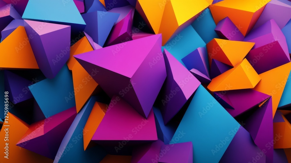 Poster abstract geometric shapes in vibrant colors, overlapping and forming a modern, dynamic design with s