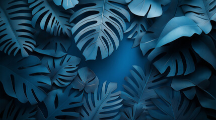 "Stylish monochrome blue tropical leaves abstract background in paper cut style. A modern summer concept banner with copy space, perfect for minimalistic and nature-inspired flat lay designs