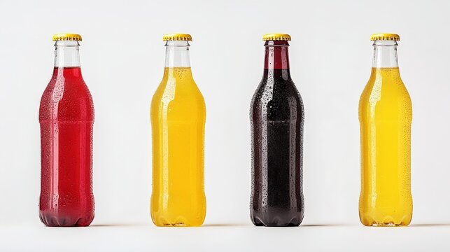 Four colorful soda bottles with condensation on a white background, showcasing vibrant drinks