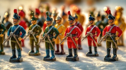 A group of toy soldiers standing together on a flat surface