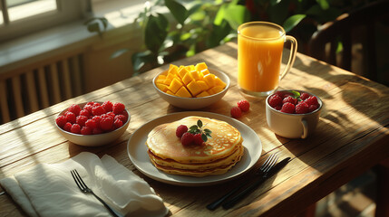 Top-down view of a wooden breakfast table with golden pancakes, fresh fruits, coffee, and orange juice