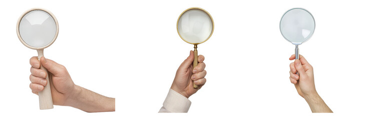 Hands Holding Magnifying Glasses for Inspection Use Isolated on transparent background