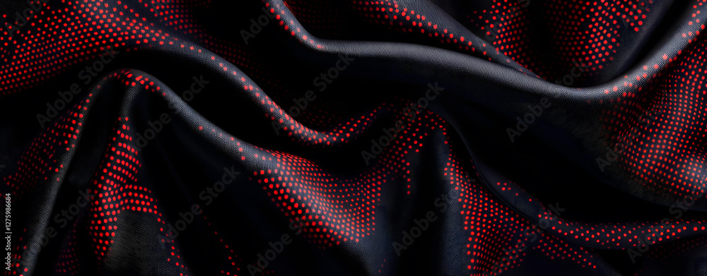 Poster closeup of a dark fabric with red dot pattern showing texture and folds