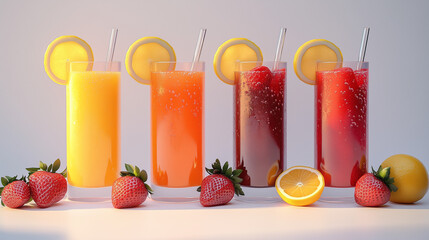 Four tall glasses of vibrant juice garnished with lemon and strawberries for a refreshing drink display