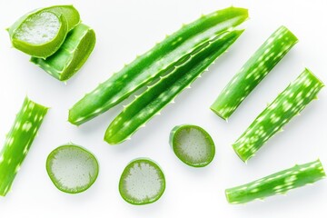 Fresh aloe vera slices arranged on a clean white surface