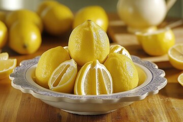 A bowl filled with fresh lemons placed on a table, ideal for cooking or decoration