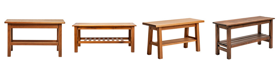 Collection of various wooden furniture pieces including tables benches and shelves showcasing a minimalist modern