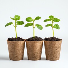 cardboard special pots for seedlings with sprouts, top view, Sustainable Gardening: Cardboard Seedling Pots with Fresh Sprouts – Top View Growing seedlings in biodegradable pots.