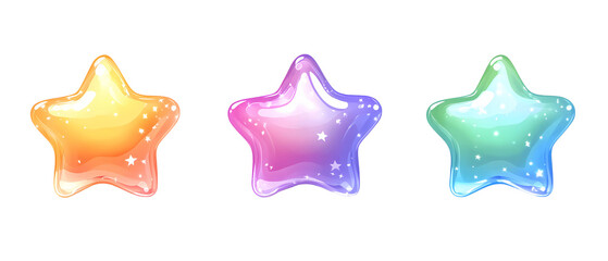 a collection of three colorful stars with a shiny, translucent appearance. The stars come in different gradient color variations, with subtle highlights. PNG