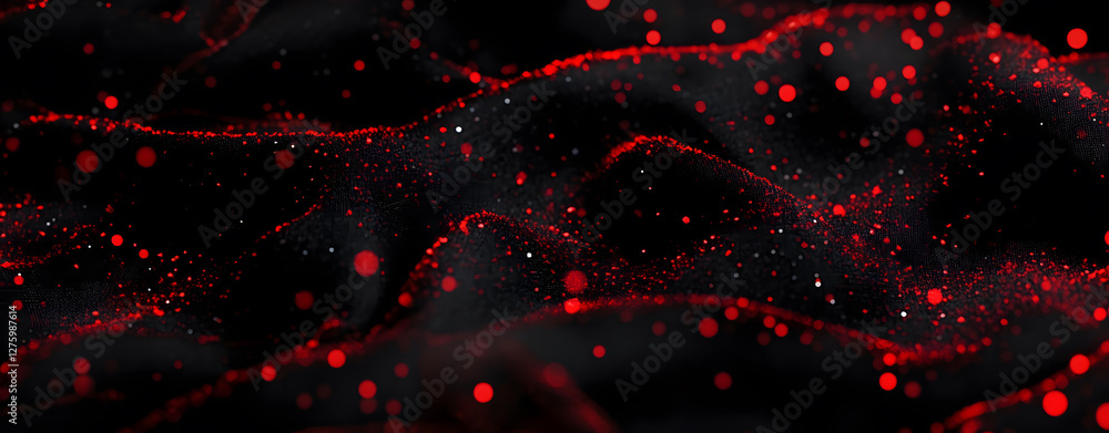Poster abstract red and black particle wave background image, digital art, 3d render, dark red glowing part