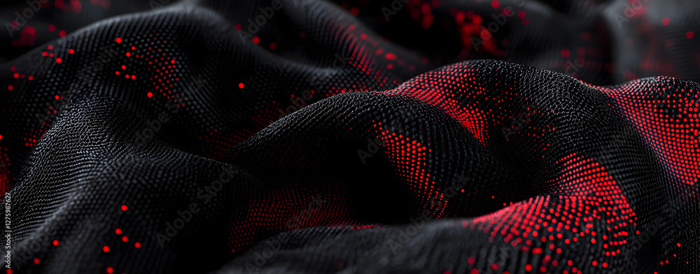 Poster abstract red and black fabric texture with a digital dotted pattern, closeup view of a luxurious mat