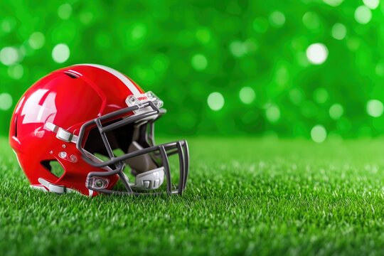 Close-up football helmet with stadium backdrop