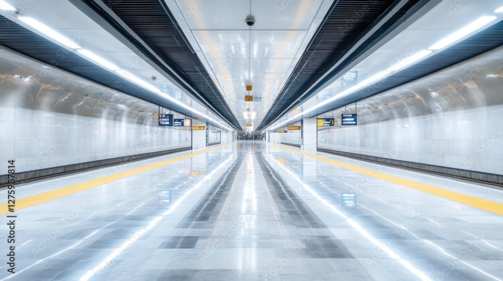 Poster An empty subway station with modern design elements and bright lighting, emphasizing the efficiency and convenience of underground transportation