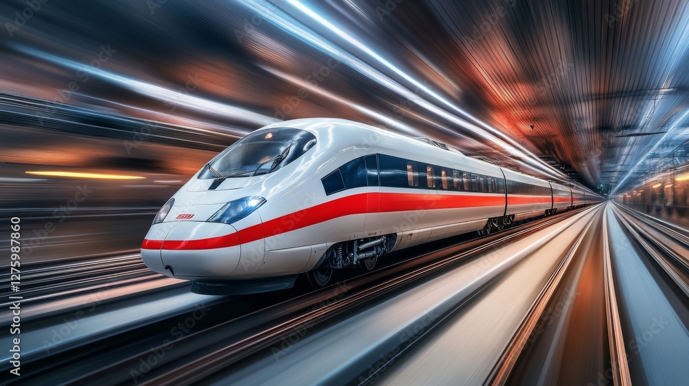 Poster an impressive view of a high-speed train passing through a tunnel, with lights reflecting off its sl