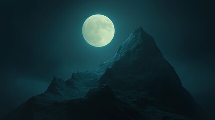 Fototapeta premium A dark mountain silhouette against a glowing moon