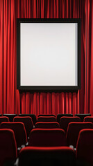 Obraz premium A large blank frame on the wall of an empty movie theater with red velvet curtains 