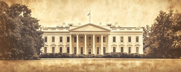 A historical artistic representation of The White House in a vintage, sepia-toned style