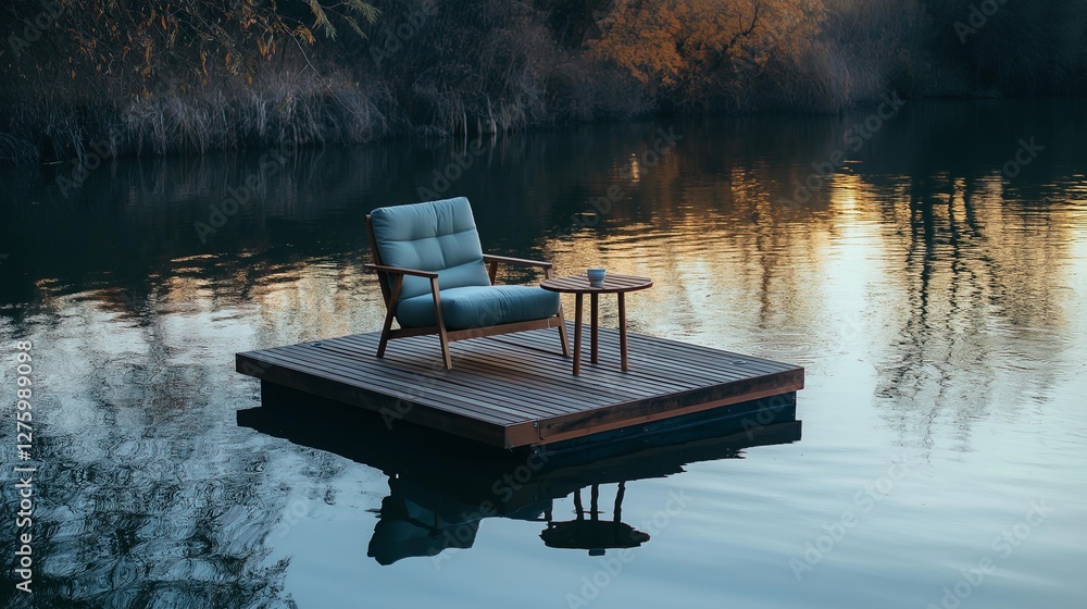 Poster A floating platform with nothing but a chair and table