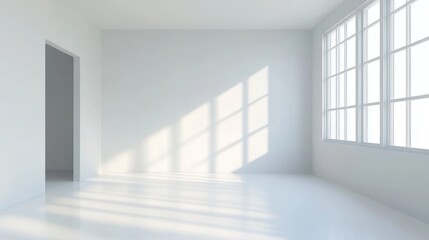 Obraz premium Sunlight streams into an empty, white room with a door and large window.