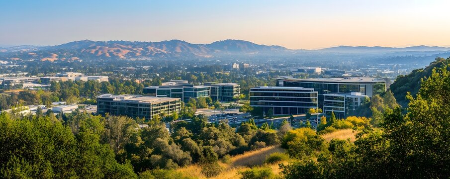 A panoramic view of Silicon Valley with modern office buildings, tech campuses, and rolling hills in the background