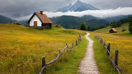 Mountain cabin path scenic view travel poster