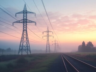 Power Lines and Railway Tracks at Sunrise, Misty Morning Landscape with Electrical Towers, Scenic Railroad View, Tranquil Atmosphere, Beautiful Dawn Colors
